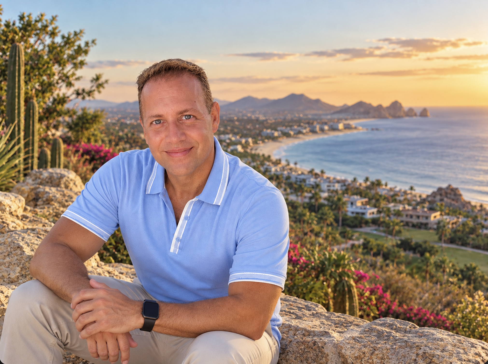 Vic Bigurra, Certified Real Estate Advisor in Los Cabos, overlooking the coast at sunset